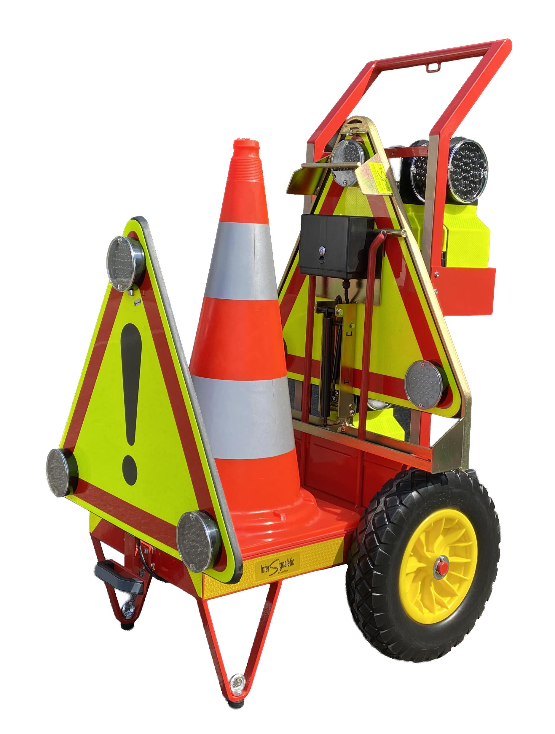 Carrello per il dispiegamento automatico di coni e triangoli di segnalazione Triflash